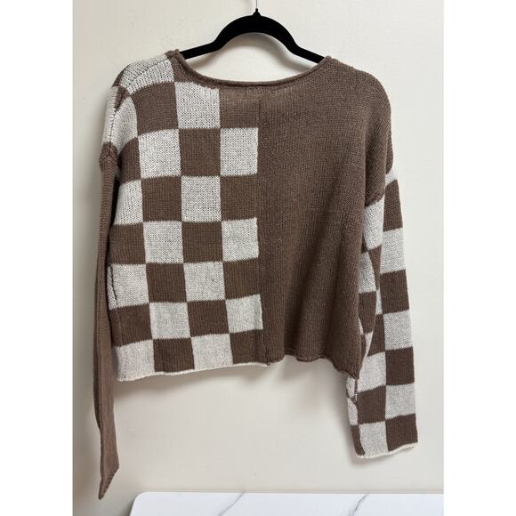 Blu Pepper Women’s Sweater Small Brown White Checkered Knit Long Sleeve Cropped - Picture 2 of 4